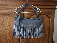 NWT. Amiee Kestenberg Denim-Look Leather Fringe Shoulder Bag. Legacy Collection.
