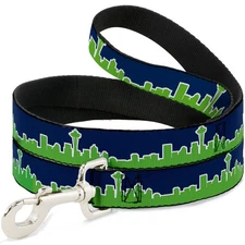Dog Leash Seattle Skyline Navy/Bright Green NARROW 0.5"