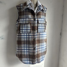 ONLY Women’s Longline Plaid Vest Shacket Size M Blue Brown Check Sleeveless Coat