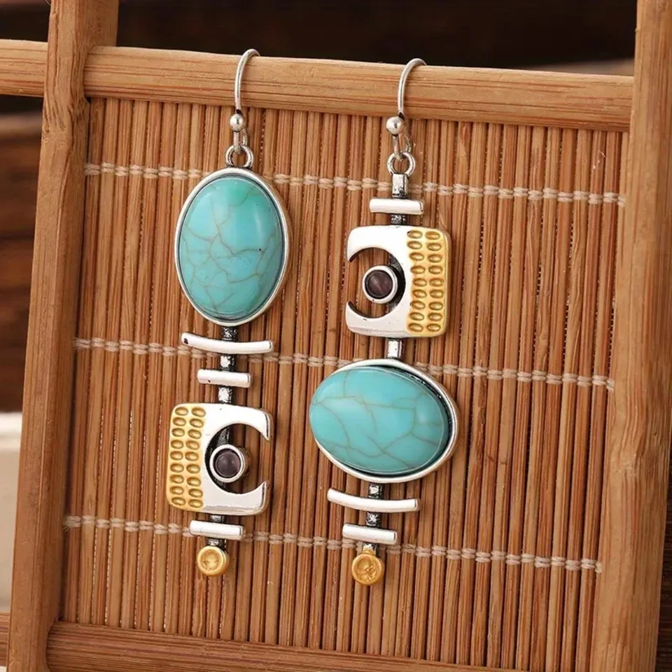 Pendientes asimétricos boho-chic enchapados en oro blanco imitación turquesa colgantes Foto 2 de 4
