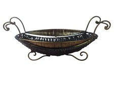 Vintage Black Wicker Brass Wire Basket With Ornate Handles Stand