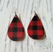 RED  BLACK BUFFALO PLAID teardrop Earrings faux leather fabric Christmas