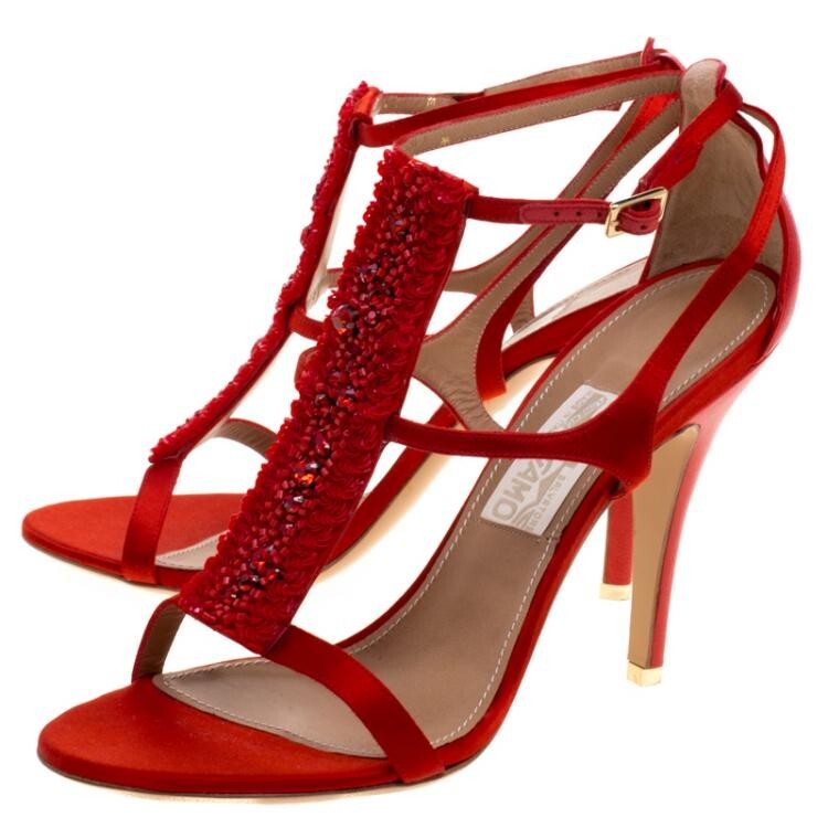 Salvatore Ferragamo Red Embellished Satin Shine T-Strap