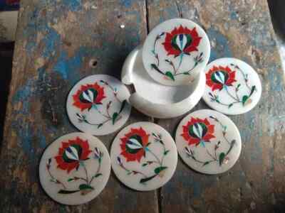 Marvelous Marble Inlay Tea Coffee Coaster Set Kitchen table use Home Decor