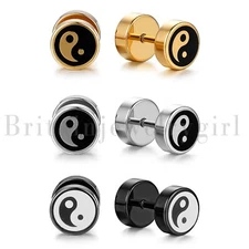 2-6pcs Stainless Steel Round BAGUA YING YANG Barbell Dumbbell Stud Earrings