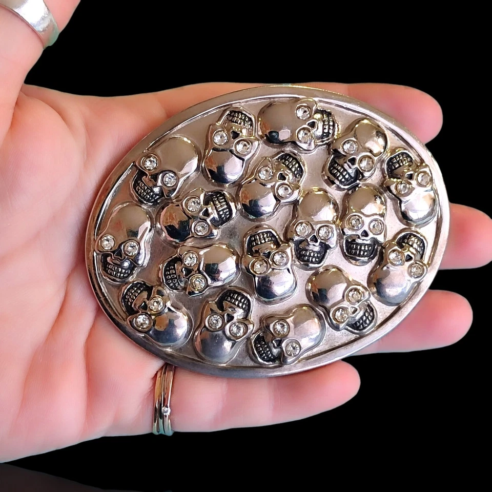 Овальный Y2K панк Grung готический череп стразы ремень пряжка серебристого тона - Изображение 4 из 4