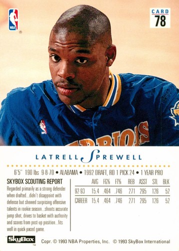 1993 GOLDEN STATE WARRIORS NBA Card LATRELL SPREWELL Skybox - Picture 2 of 3
