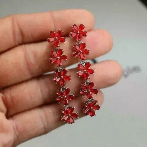 Pretty Pear Cut Simulated Red Ruby Drop/Dangle Earrings In 14k White Gold Plated - Picture 3 of 6