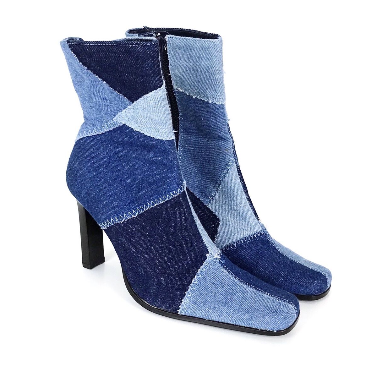Y2K 2000s Denim Patchwork Ankle Boots Blue Square Toe Heels Y2K 2000s Denim Patchwork Ankle Boots Blue Square Toe Heels