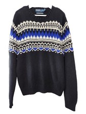 POLO RALPH LAUREN Black Blue Fair Isle Yolk Cotton Cashmere Angora Sweater sz XL