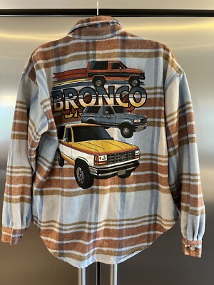 Ford Brand Medium Bronco Graphic Flannel Jacket Light Blue Brown