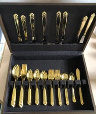 52 PCS 'EXCEL' JAPAN STAINLESS FLATWARE GOLD ELECTROPLATE SERVICE in Wooden Box