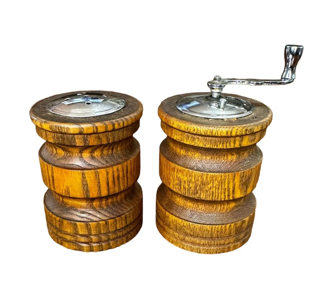 Vintage MCM Olde Thompson Solid Wood Salt And Pepper Shakers Grinder Mill