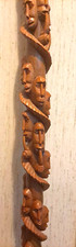 Carved Wood Tribal Walking Stick Cane, Snake, Faces Stack Smoking, Sclupture 48"
