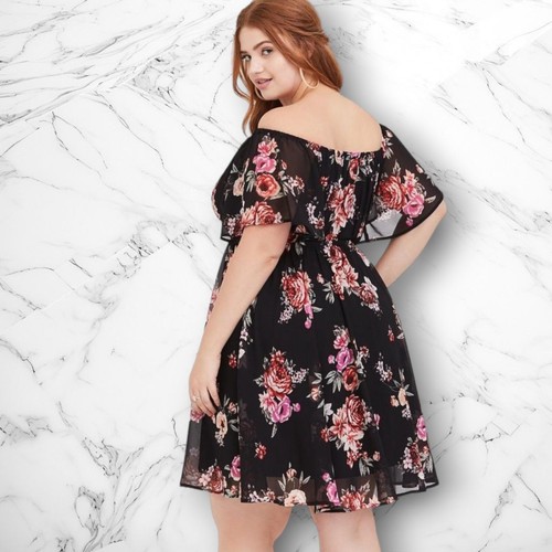 Torrid Women's Dress Size 00 Black Floral Chiffon Skater Lined Elastic Shoulders - Picture 2 of 12