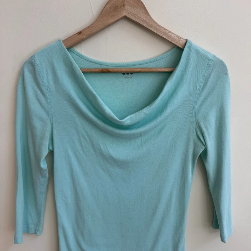 Pullover tejido manga 3/4 cuello drapeado azul claro tres puntos para mujer talla XS Foto 3 de 4