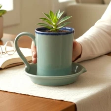 Handmade Studio Pottery Mug Planter with Saucer Blue Green Rustic Cottage Decor