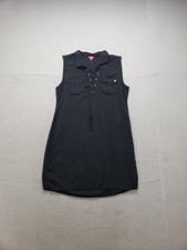 Guess Women Shirt Dress XL Black Collared Pockets Lace Up Neck Sleeveless Casual