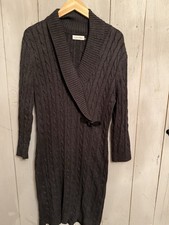 Calvin Klein Shawl Collar Lg Ribbed Sweater Dress Charcoal Gray Belt Accent