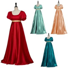 Women 19th Century Victorian Regency Satin Empire Waist Ball Gown Dress