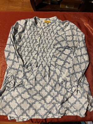 Roberta Roller Rabbit Tunic Womens Small Blue White Smocked Button Front Top