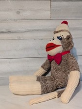 Vintage Sock Monkey Handmade 18  , tan body, red bow, blue eyes
