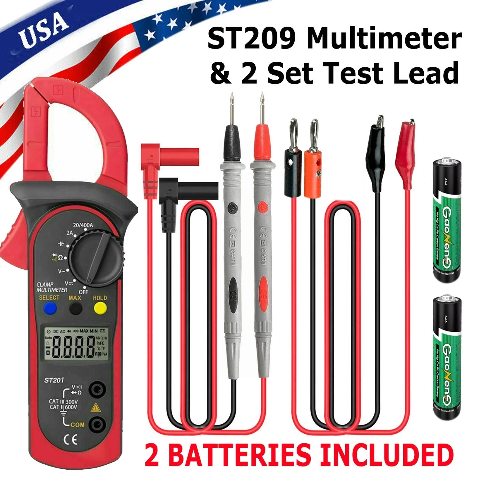 Digital Multimeter Tester AC DC Volt Ohm Amp Clamp Auto Range LCD Handheld Probe