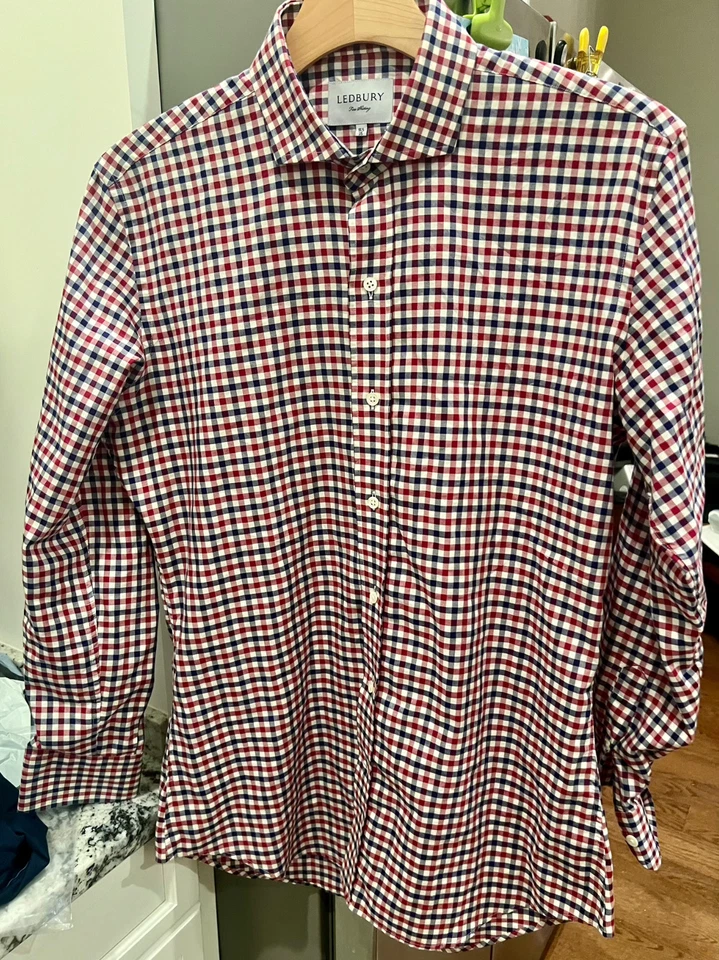 Ledbury Red White Blue Cotton Plaid Tailored Fit Button Down Dress Shirt 16.5 US - Image 2 of 4