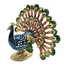 NEW GOLD BLUE PEACOCK CRYSTALS HINGED ENAMEL JEWELRY,TRINKET BOX MAGNETIC CLOSER