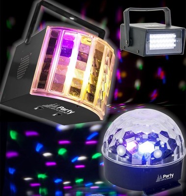 Party Licht Sound 3er Pack LED Derby Spiegelball Stroboskop DJ Disco Party Beleuchtung