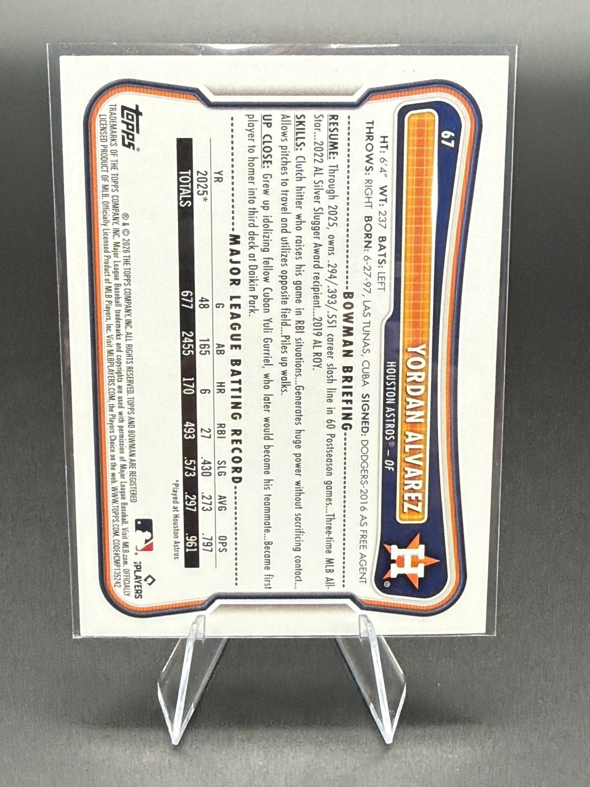 2026 Bowman Yordan Alvarez Green Parallel /99 Houston Astros view 3