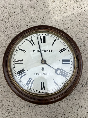 OLD WOODEN CASED FUSEE WALL CLOCK - P BARRETT LIVERPOOL - WORKING