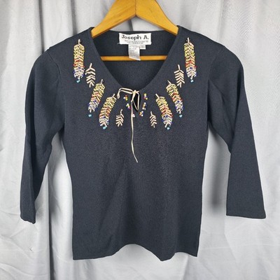 Joseph A. Quest-ce Que C'est Silk? Beaded Feather Shirt Neck Tie Womens Size L