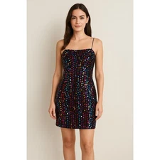 NWT Sparkly Sequin Mini Dress Spaghetti Straps Blk Rainbow Party Clubwear Disco