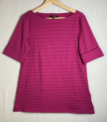 Lauren Ralph Lauren Shirt Womens Hot Pink Black Striped 1/2 Sleeve Top Size XL - Picture 1 of 8