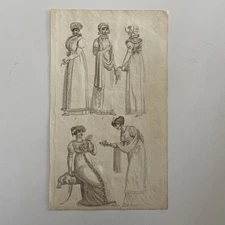 Antique engraving Regency Fashion Plate – Elegant Gowns & Bonnets, c.1806–1810 