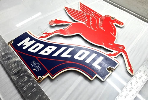 Vintage Mobil OIL Gasoline Sign Pegasus Motor Oil Gas Pump Porcelain Large Sign