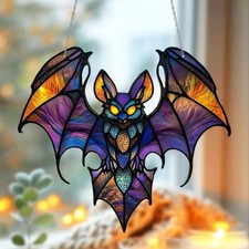Glowing Eyes Bat Suncatcher, Gothic Faux Stained Glass Halloween Window Decor