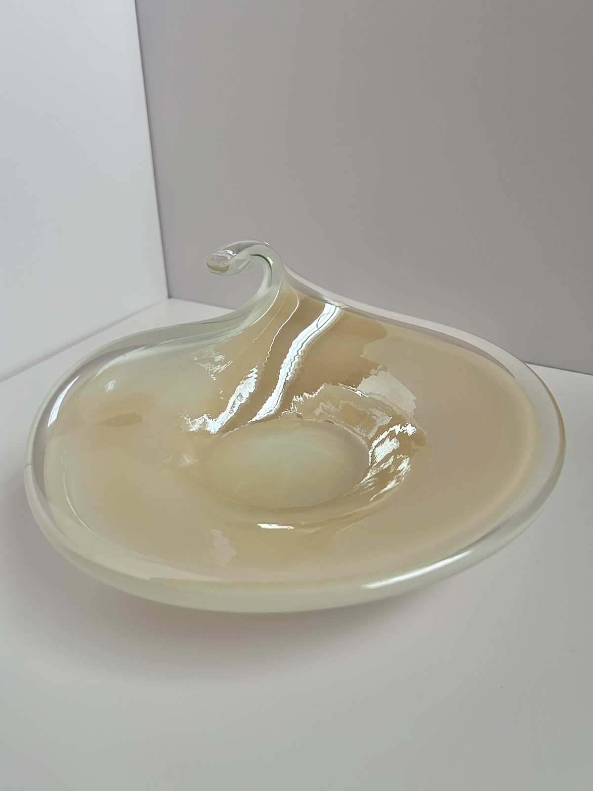 Studio Art Glass Freeform Irridescent Wave Bowl - Opaline Alabaster Swirl