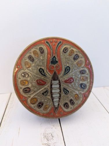 Vintage Brass Butterfly Trinket Box Jewelry Dish 4" Round India - Picture 1 of 8