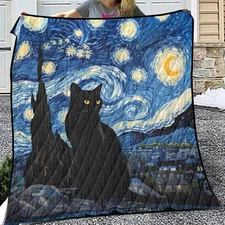 Starry Night Black Cat Quilt Blanket, Whimsical Celestial Cat Van Gogh Blanket