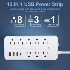 New Power Strip Surge Protector 8 AC Outlets 3 USB Port Type C Port 4.9FT Cable