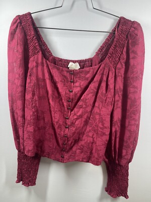 Anthropologie Raspberry Romance Puff Sleeve Button Up Corset Style Top L Boho