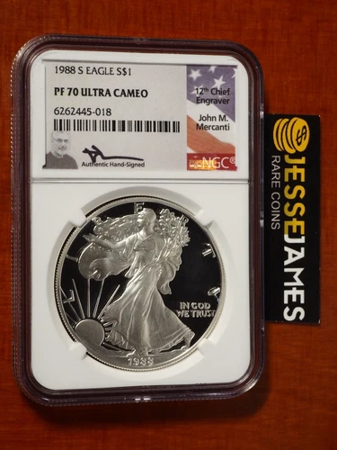 1988 S PROOF SILVER EAGLE NGC PF70 ULTRA CAMEO JOHN MERCANTI SIGNED FLAG LABEL!