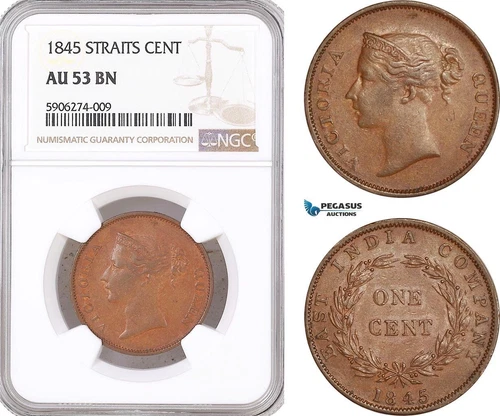 AF637, Straits Settlements, Victoria, 1 Cent 1845, NGC AU53BN