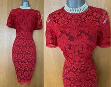 Karen Millen UK 10 Embroidered Floral Red Lace Wedding Cocktail Pencil Dress