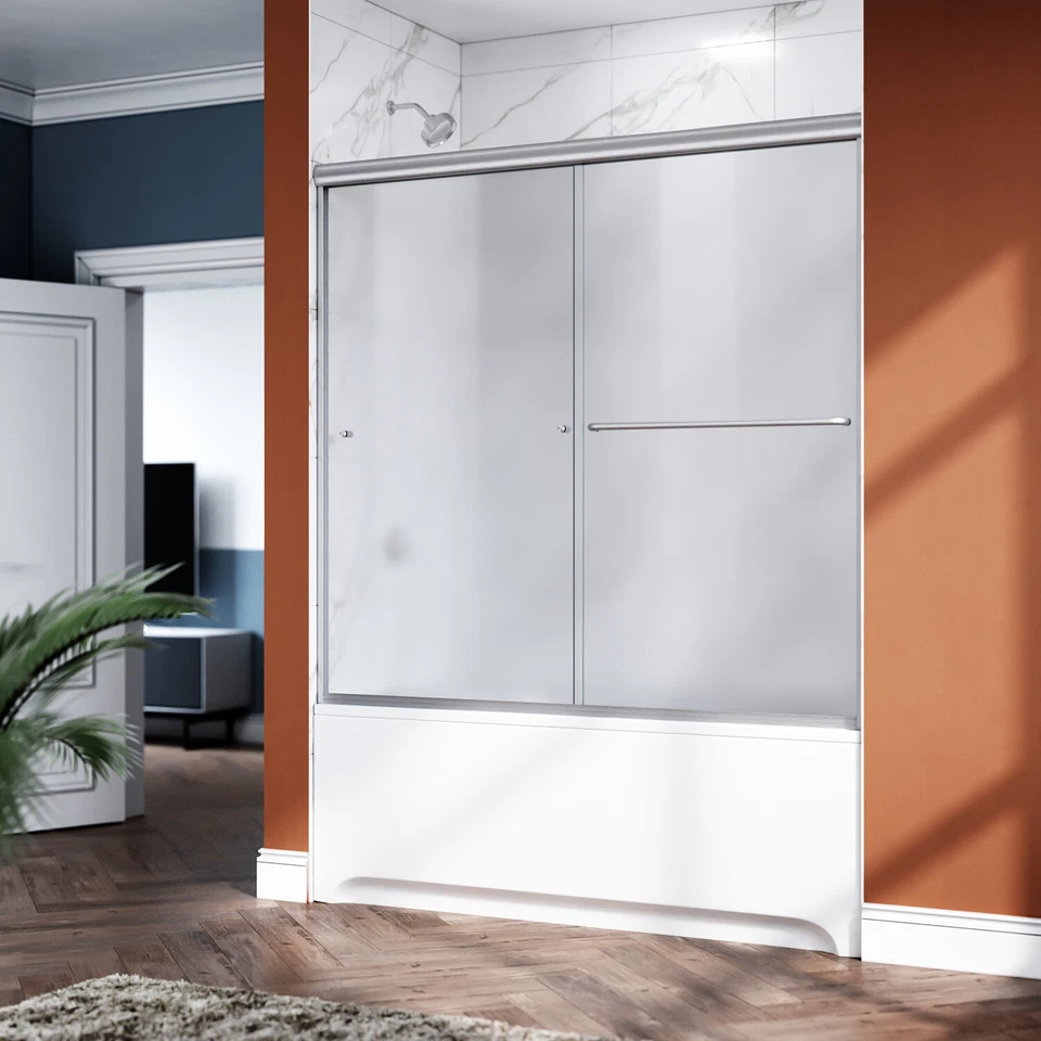 Portas de chuveiro deslizantes para banheira 58,5"-60" x 57"" vidro fosco níquel escovado 1/4" - Imagem 3 de 4