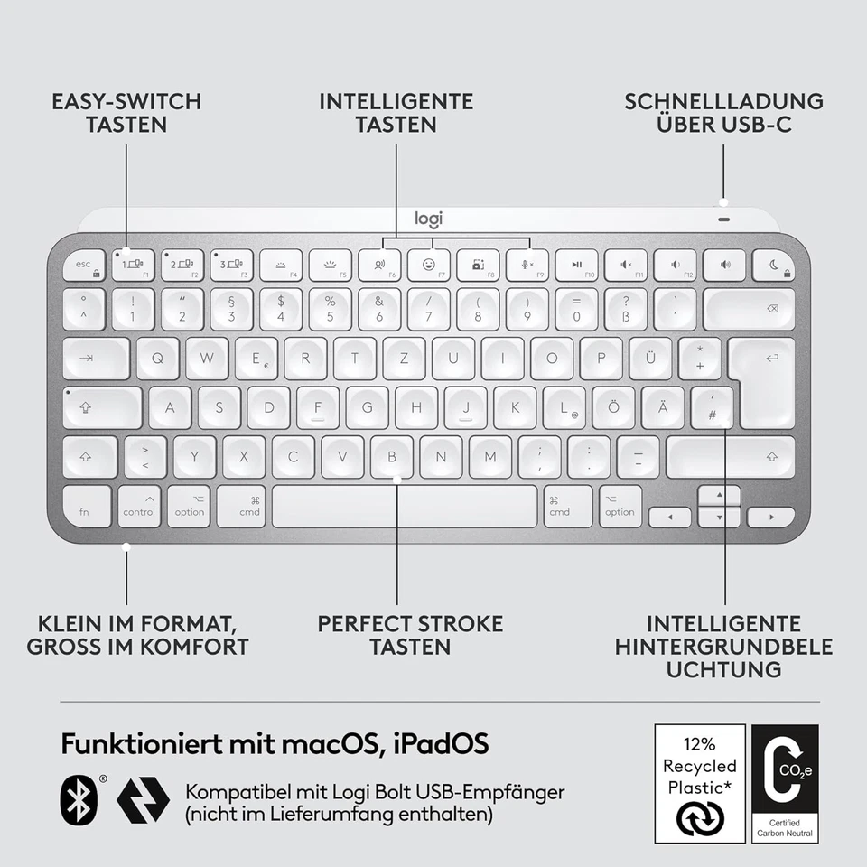 Logitech MX Keys Mini Kabellose Tastatur, Pale Grey, WEIß, Deutsch FOR MAC #GBR - Bild 3 von 4