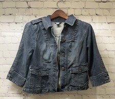 Motto Sz Xs Denim Jacket 3/4 Sleeve Pockets Shoulder Tabs Button Front Dark Wash