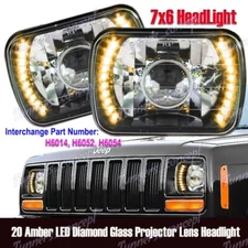 Amber LED 7"x6" H6014 H6052 H6054 Sealed Beam Black Housing Projector Headlights